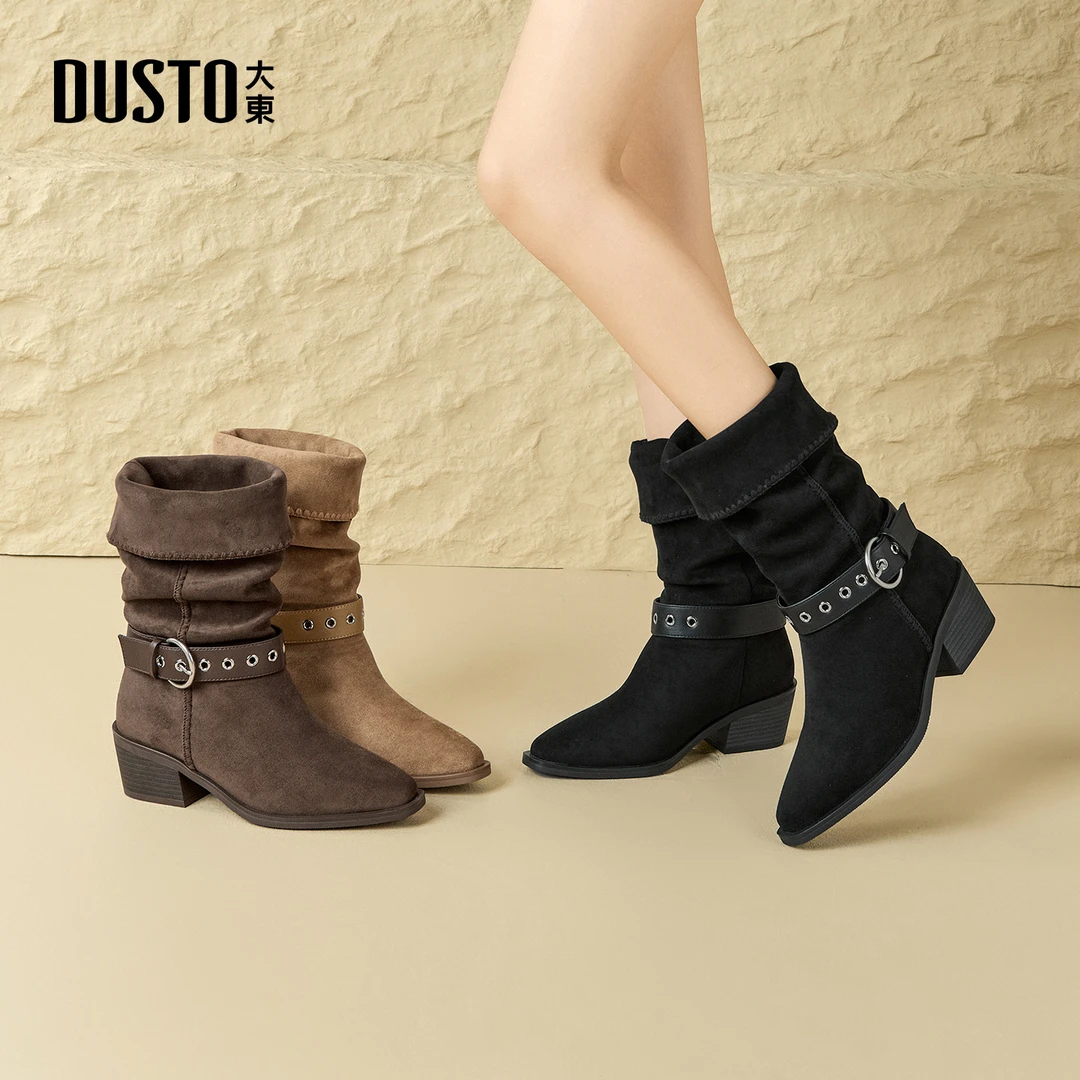 大东靴子女两穿方头堆堆靴2025秋冬美拉德皮带扣高跟短靴002162