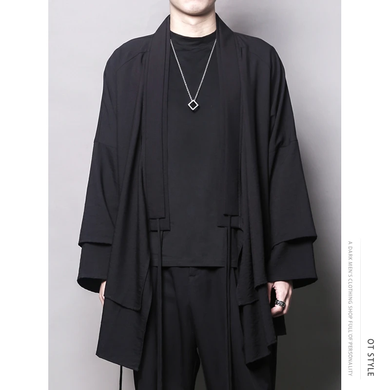 916春秋新中式假两件山本风个性道袍宽松开衫中长款汉服外套男