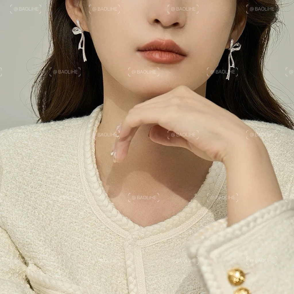 镀白金 银针大蝴蝶结爱心糖果耳钉E4460