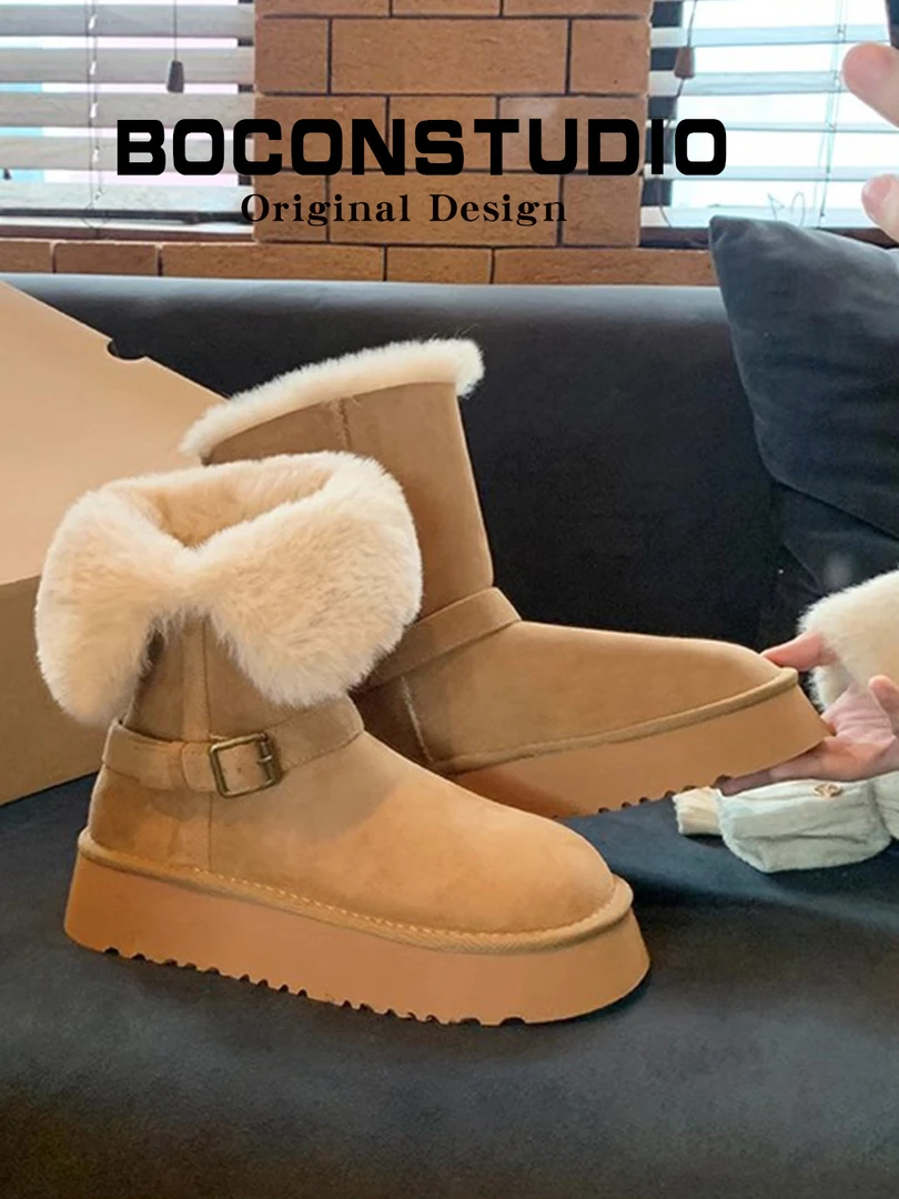 保暖雪地靴女加绒毛毛2025新款冬季东北雪地棉鞋中筒厚底长筒靴子