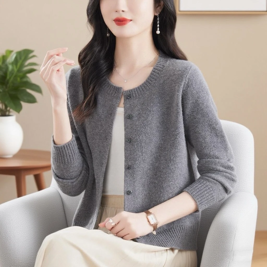 鄂尔多斯市早秋羊绒开衫女毛衣外套羊毛新款圆领短款小个子针织
