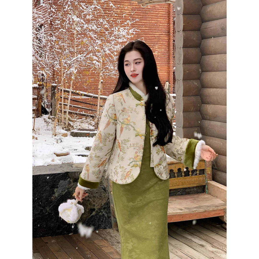 凌茜恣禾【羽梦】国风新中式绿色提花织金外套裥棉加厚气质保暖上衣
