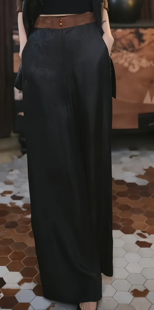 [悠然]宽松通勤时尚显瘦百搭香云纱腔调黑色国风长款阔腿休闲裤