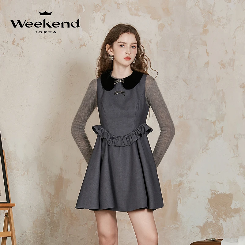 卓雅周末娃娃领蝴蝶结荷叶边无袖A字连衣裙Q260606A