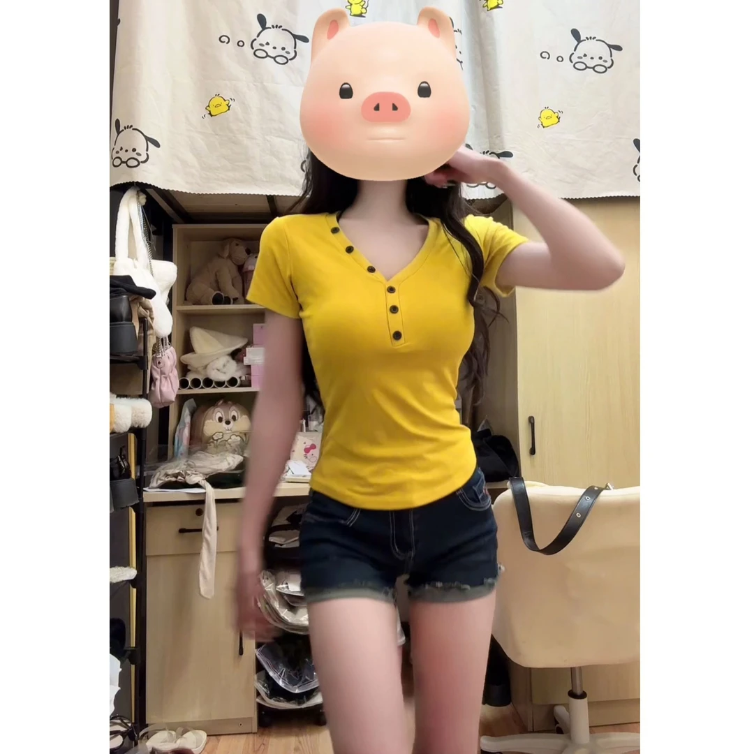 运补6辣妹短袖女T恤夏季新款2025修身百搭韩版正肩V领黄色上衣t恤