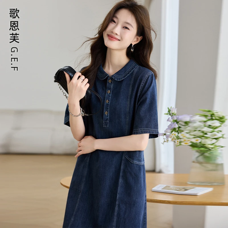 牛仔连衣裙女2025夏季新款翻领休闲时尚宽松遮肉减龄短袖裙子