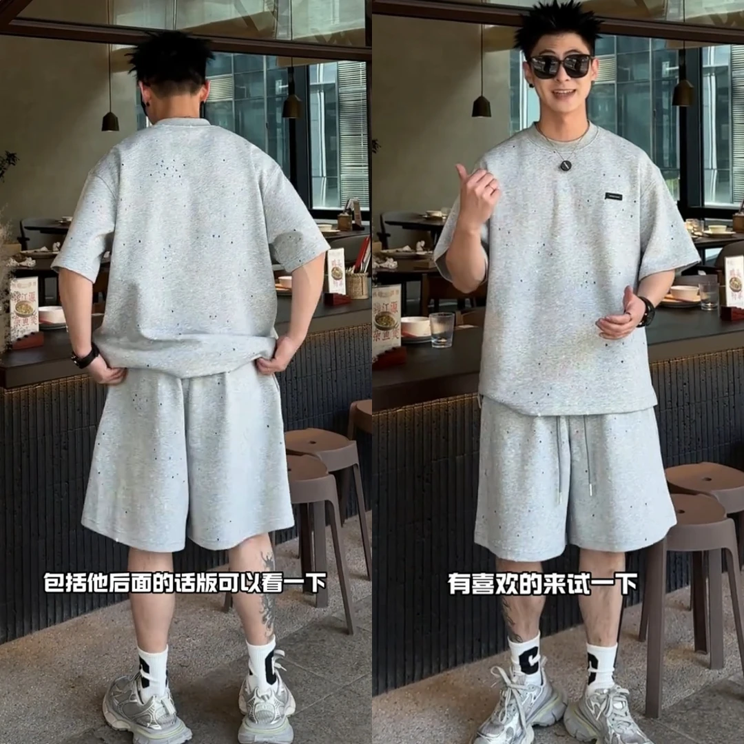 2025年夏季新款五角星勾破设计感双色料休闲短袖短裤运动休闲套装