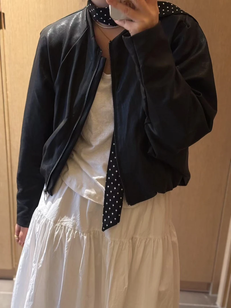 「金小姐」高级感蝙蝠袖波点小飘带宽松夹克蛋白皮衣～