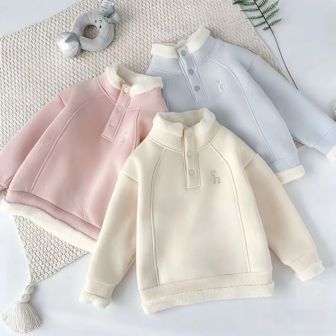 新款女童卫衣加绒加厚时尚百搭冬季保暖上衣洋气长袖立领排扣款