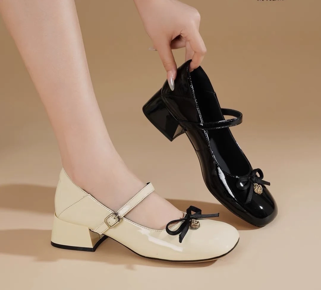 高货一字扣真皮浅口玛丽珍单鞋8301-1