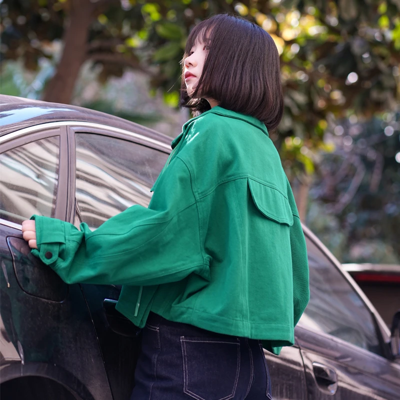绿色牛仔外套女春秋季2025新款设计感小个子工装小众短款上衣夹克