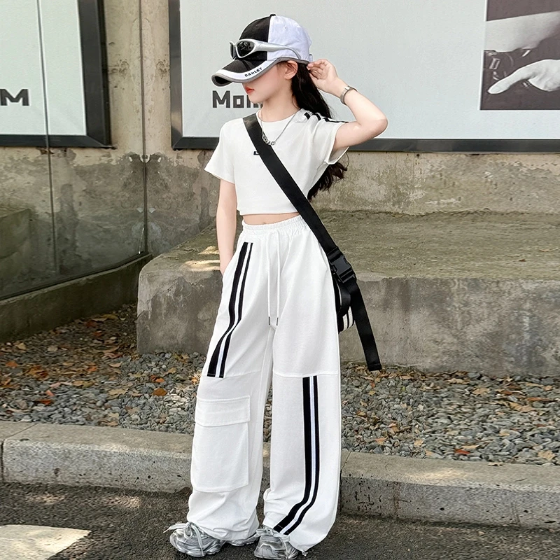 女童工装裤套装2025新款中大童洋气时髦炸街休闲上衣阔腿裤两件套