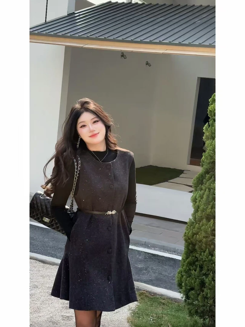 【无声宣言】冬季显瘦修身时尚气质大码毛呢连衣裙+打底套装