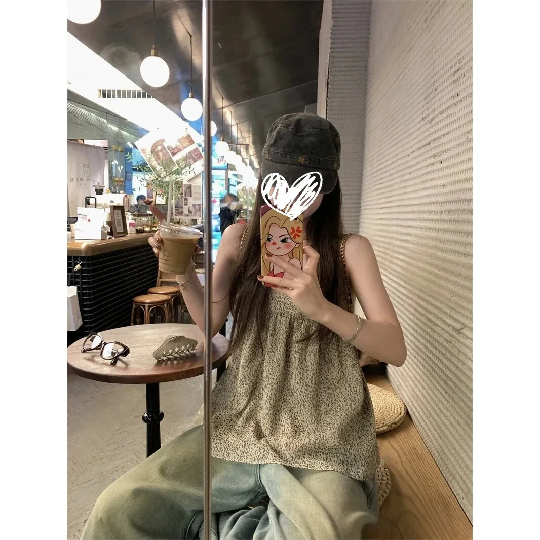 复古法式豹纹吊带背心女夏季新款修身显瘦设计感内搭打底无袖上衣