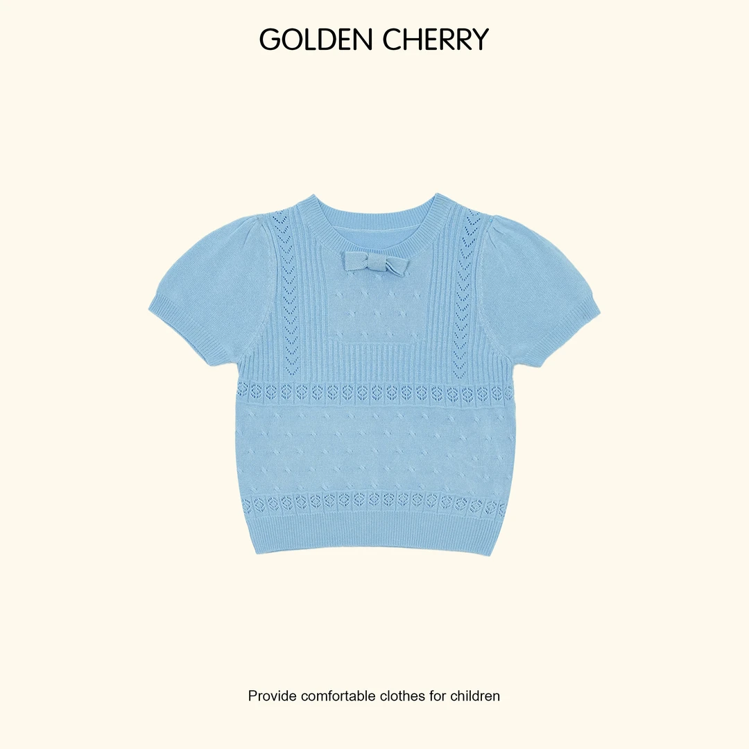 Y【金樱桃Golden cherry】小童蝴蝶结蓝色镂空丝滑T恤QS078