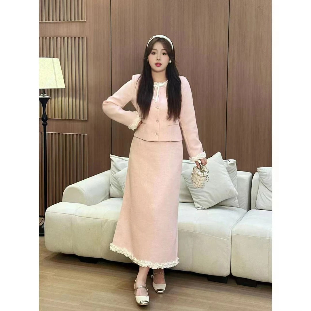 【现货】微胖浅粉色细闪小香风套装女秋装蝴蝶结千金两件套裙装9945