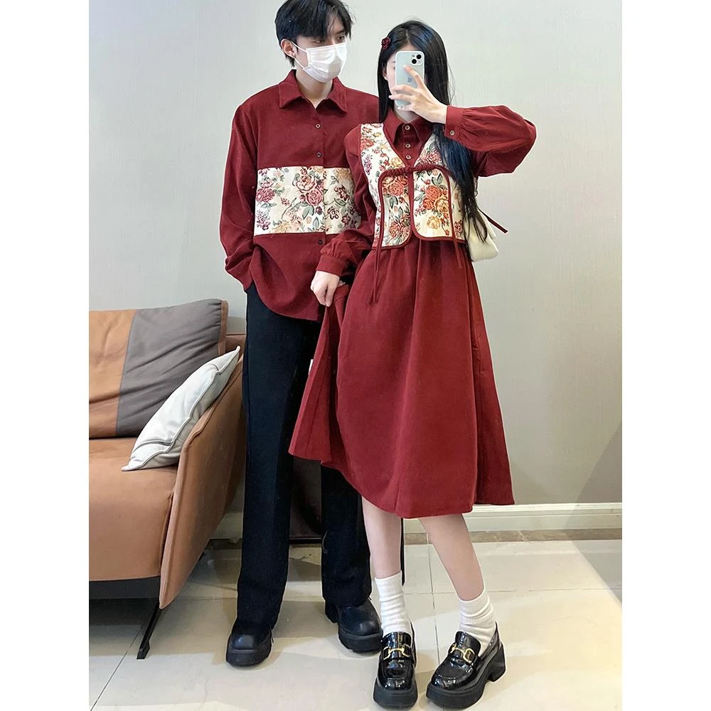 新中式情侣装一裙一衣秋冬红色复古衬衫马甲连衣裙两件套订婚领证