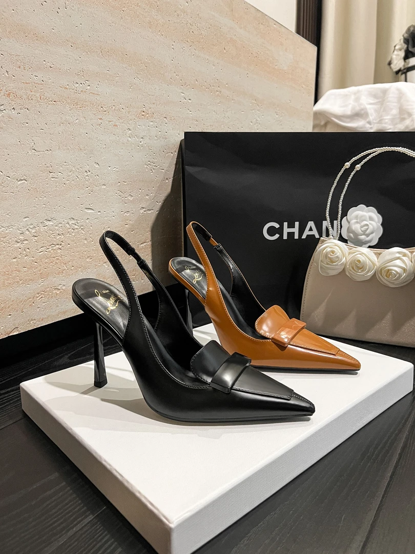 2025新款真皮欧美尖头后绊带浅口高跟鞋气质包头细跟7-10cm黑色