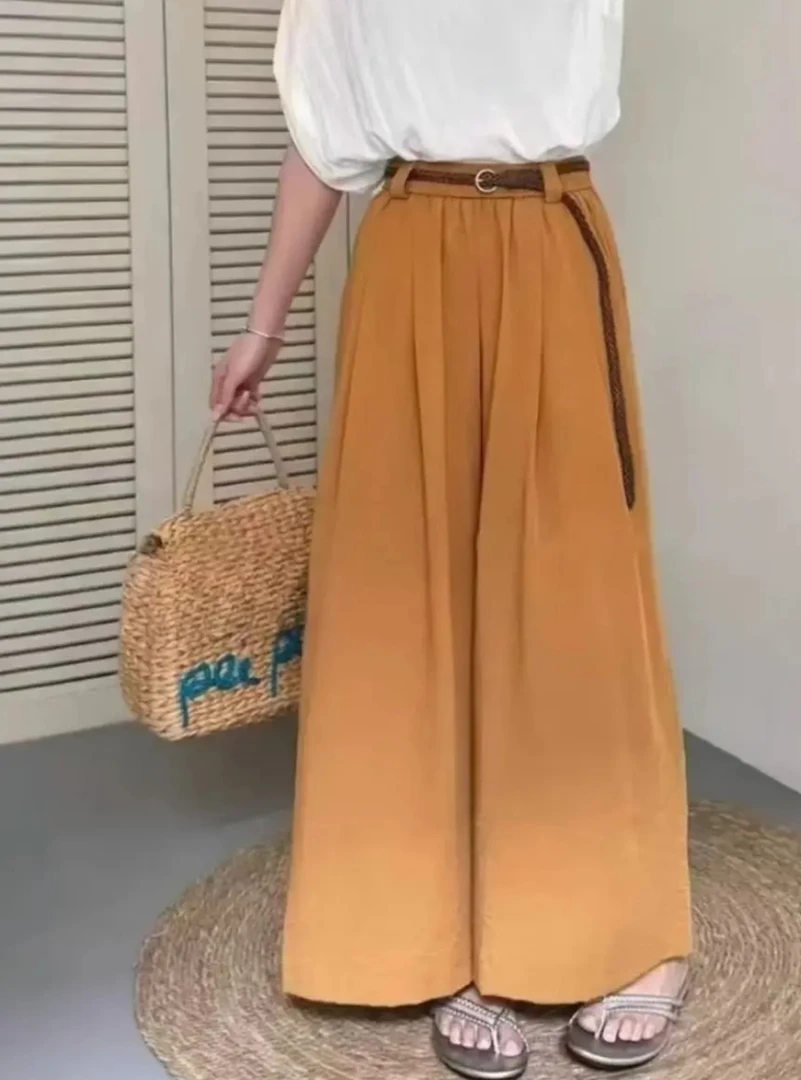 夏季麻料九分阔腿裤纯色腰带宽松显瘦百搭简约长款
