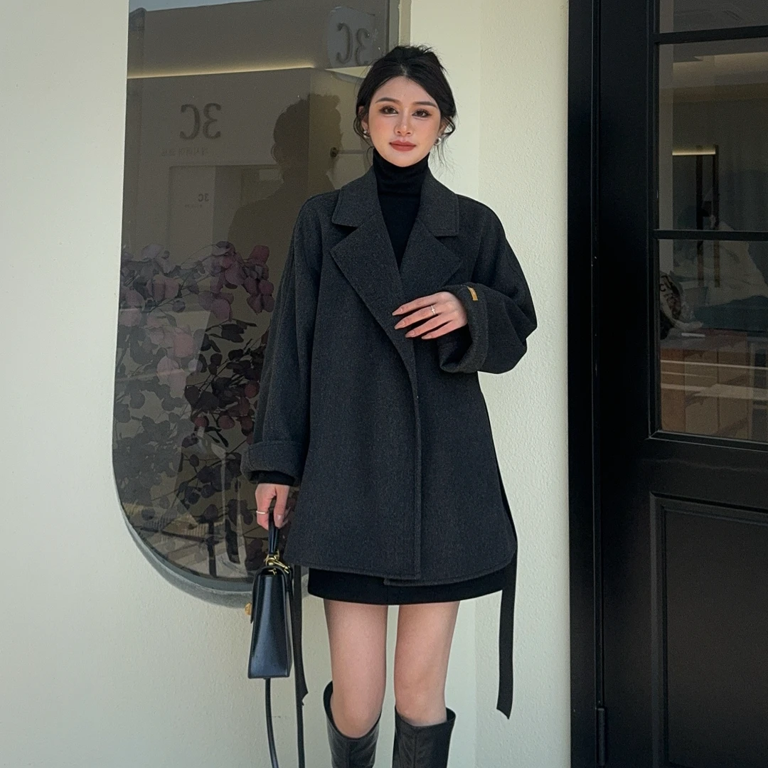H秋冬短款新款双面绒大衣女韩版显瘦小个子毛呢外套时尚百搭气质