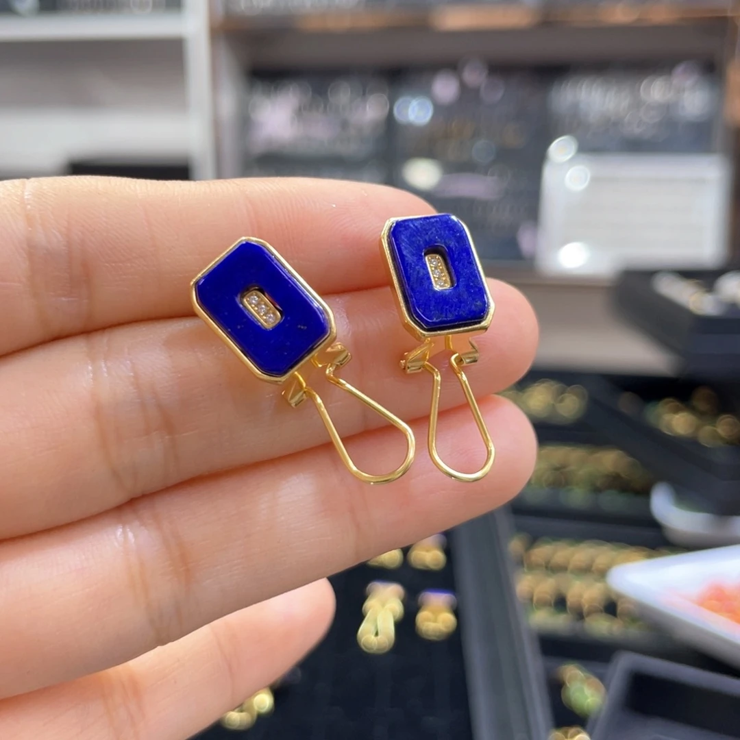 青金石银S925镶嵌耳饰