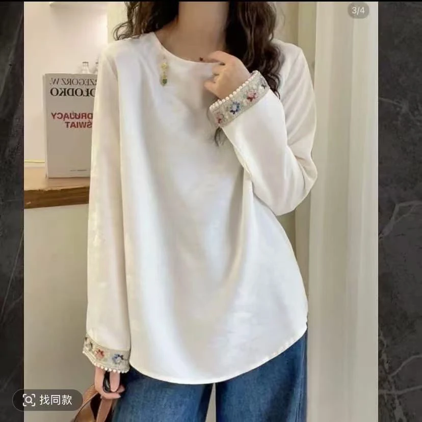 国风醋酸缎面珍珠袖口小衫/打底衫