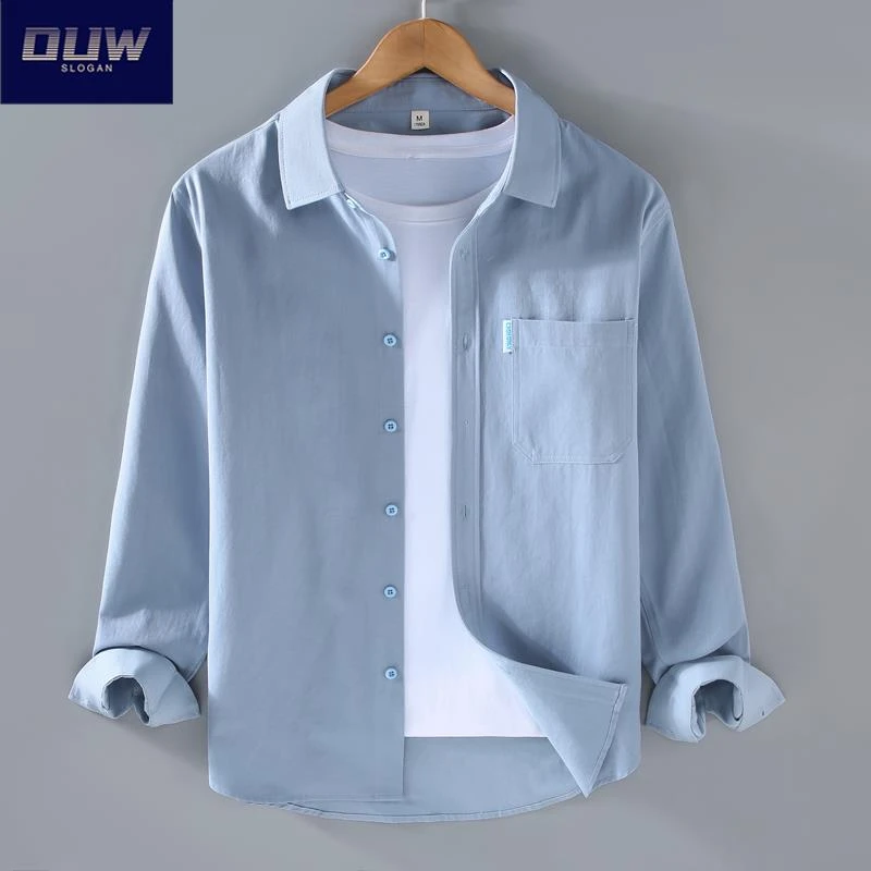 O.U.W小清新纯色全棉长袖衬衫男士初秋文艺休闲时尚潮流百搭衬衣