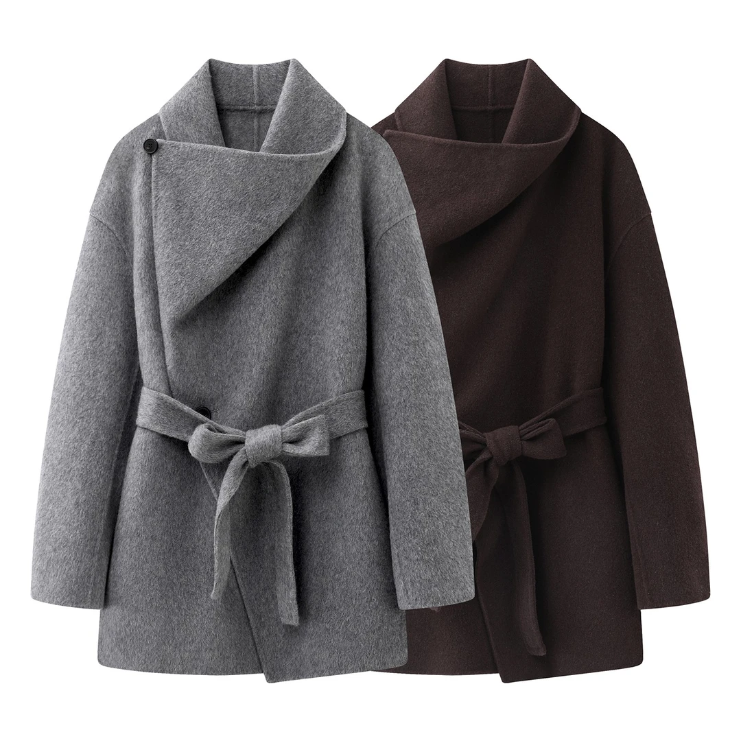 艾家韩版拼接毛呢外套翻领双面呢外套中长款冬季呢子大衣-4129