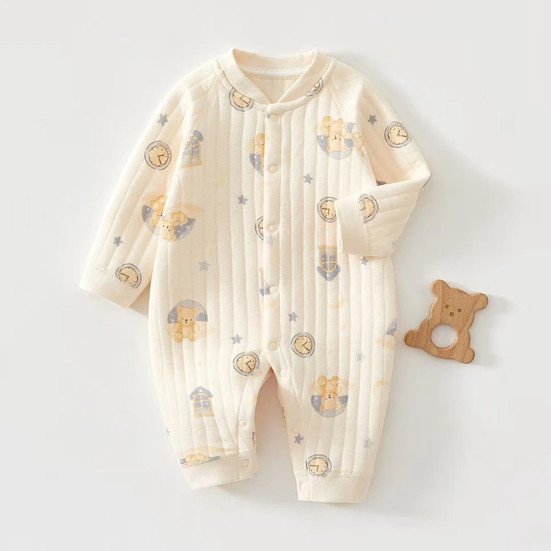 新生儿连体爬服三层保暖夹棉无骨衣服A类婴儿宝宝连体衣加厚纯棉