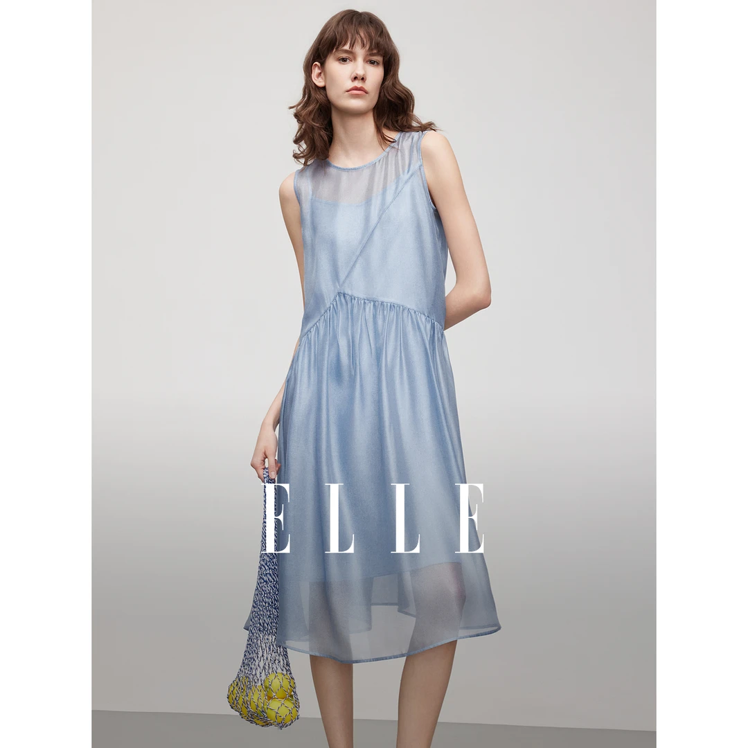 ELLE25夏新款法式圆领宽松罩衫式连衣裙两件套女气质EL51131