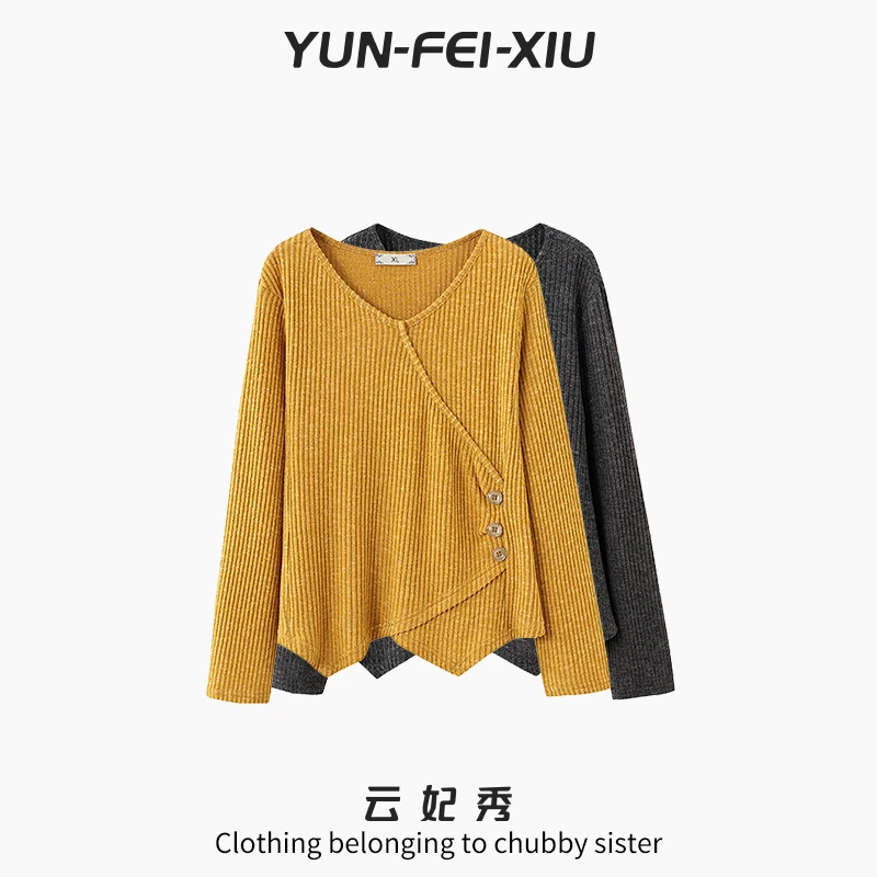 云妃秀大码女装针织衫时尚休闲胖妹妹显瘦宽松减龄V领上衣秋22338