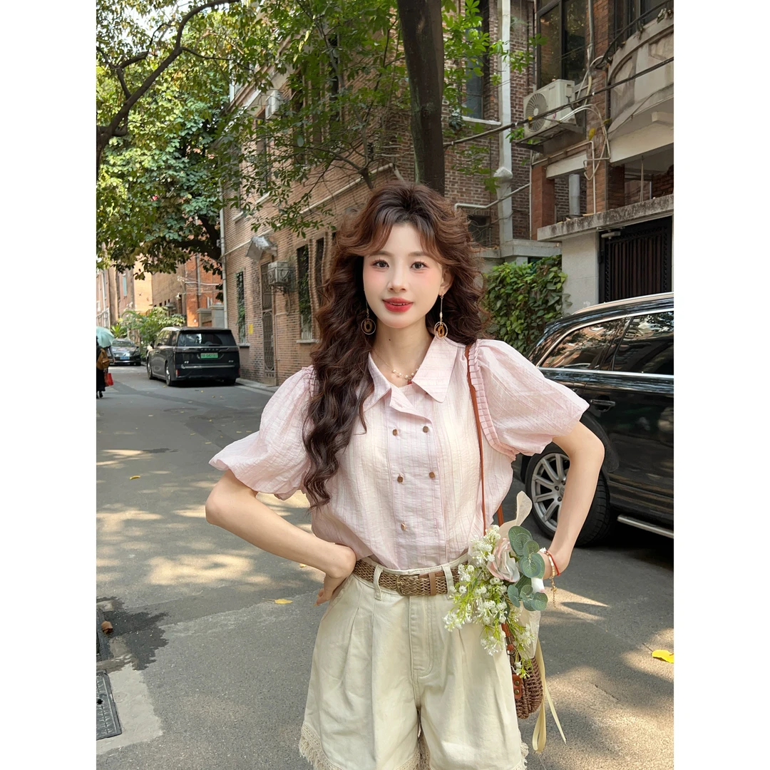 温敏er【白桃盛夏】温柔风短袖衬衫女夏季设计感宽松上衣MX9019553