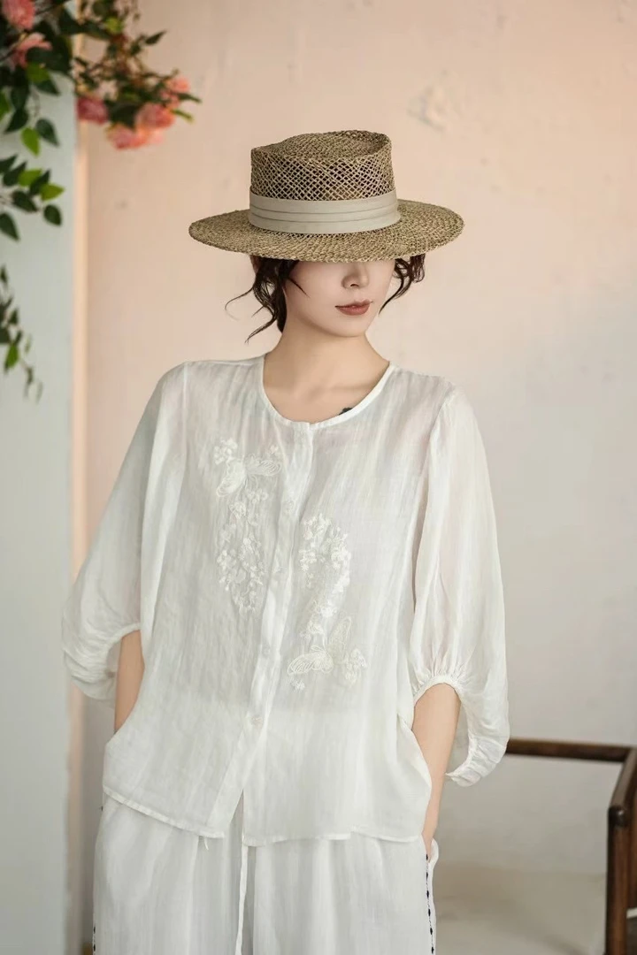 夏新款韩版宽松减龄苎麻刺绣圆领水滴袖衬衫衬衣女