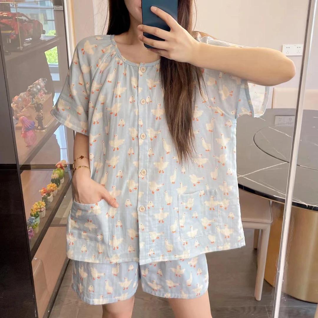 禾昊嘉仪【圆领短袖短裤】春夏纯棉精梳棉双层纱睡衣居家服女舒适