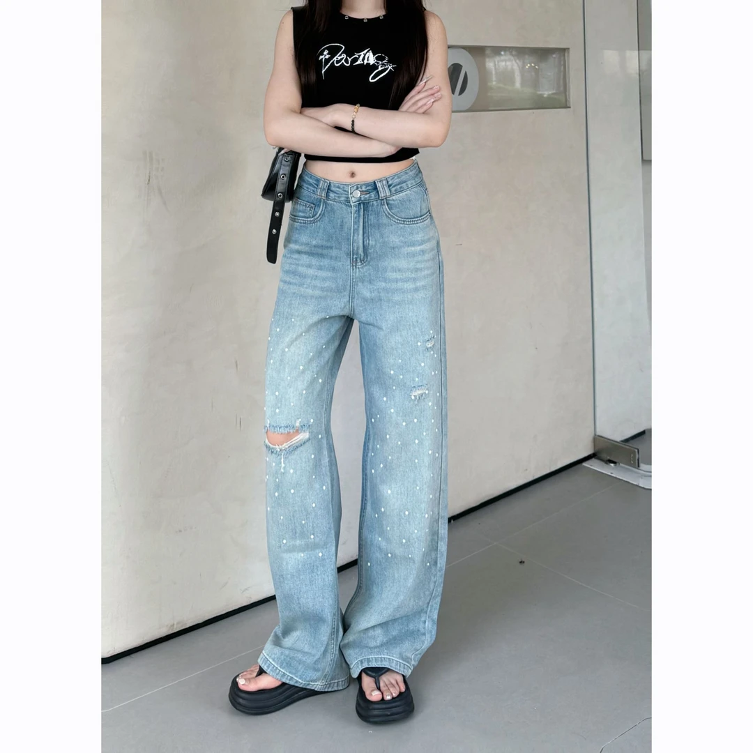 新款烫钻阔腿裤夏季牛仔裤女款中高腰裤子高腰垂感时髦显瘦仙女风