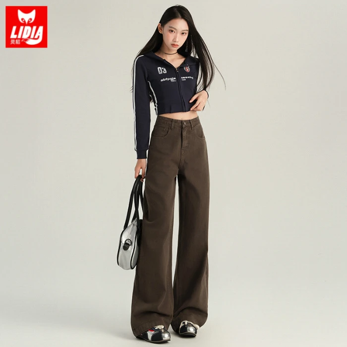 美拉德阔腿牛仔裤女棕色秋季时尚感高腰大码宽松直筒垂感拖地裤子