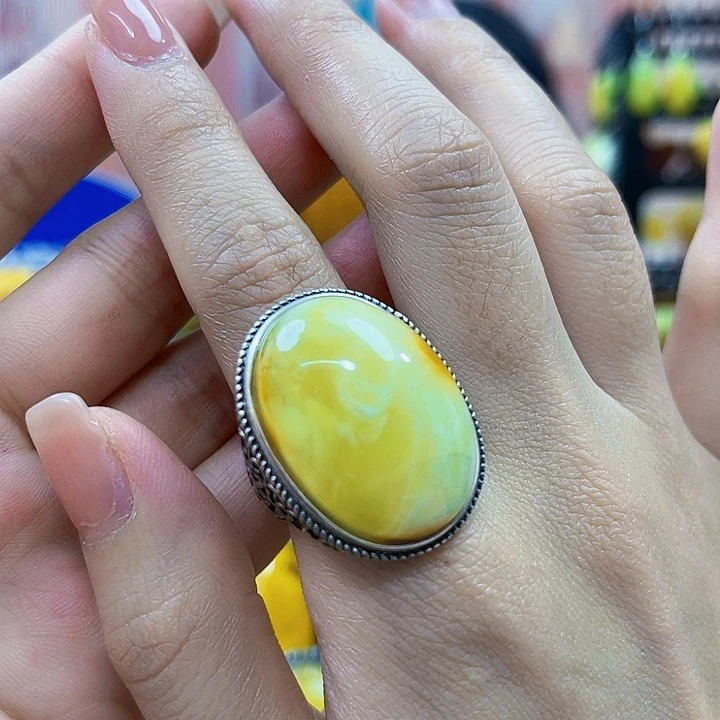 蜜蜡银S925镶嵌裸石戒指