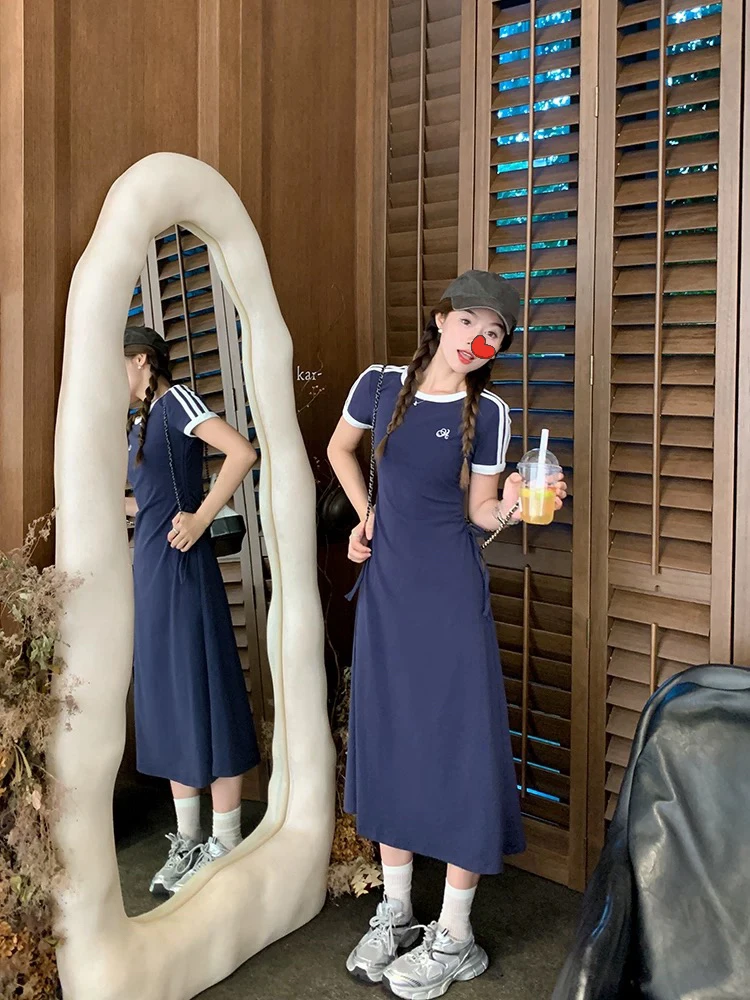 《盈盈家》夏季甜辣风穿搭三条杠腰部抽带短袖连衣裙