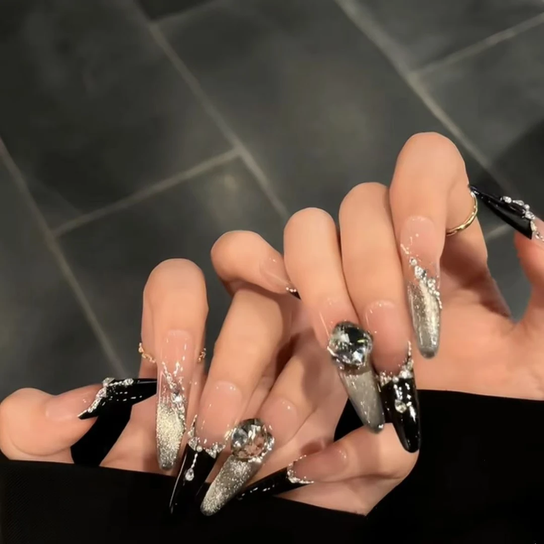 美甲暗黑高级黑色纯手工猫眼爆闪穿戴辣妹法式气质显白新款可拆卸