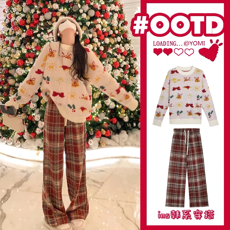 孕妇装秋冬网红爆款甜美圆领百搭毛衣+加厚格子裤两件套