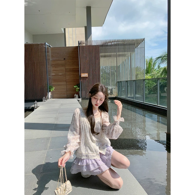 萌萌Ja」浪漫珍妮丝 紫色长袖碎花上衣半身裙短裙超仙森系套装女