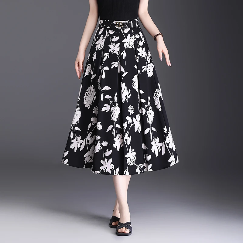 时尚中长款半身裙夏季薄款印花洋气大摆裙高腰百褶蓬蓬裙优雅伞裙