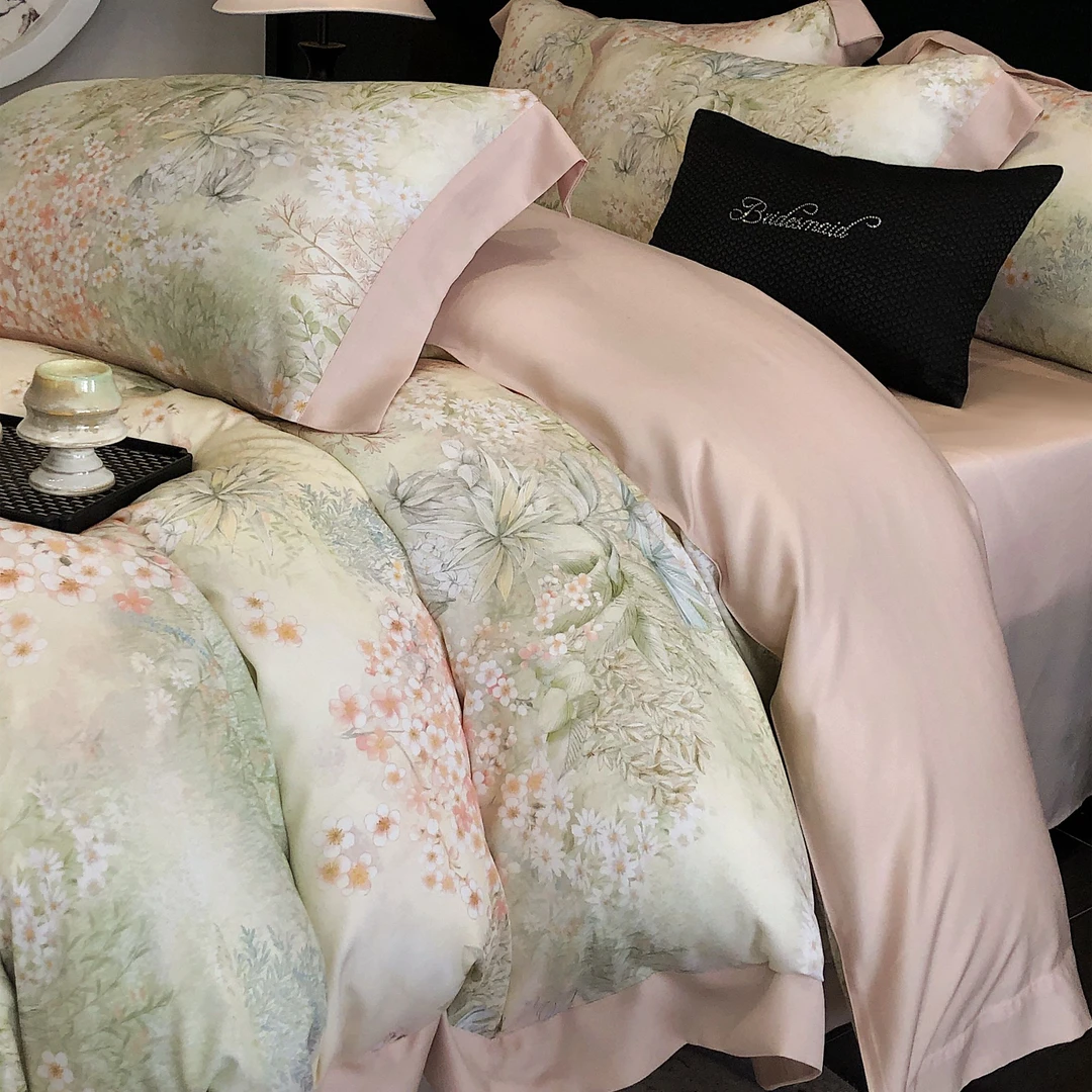 夏季新款高级感莱赛尔天丝印花宽边亲肤裸睡四件套 此间春色