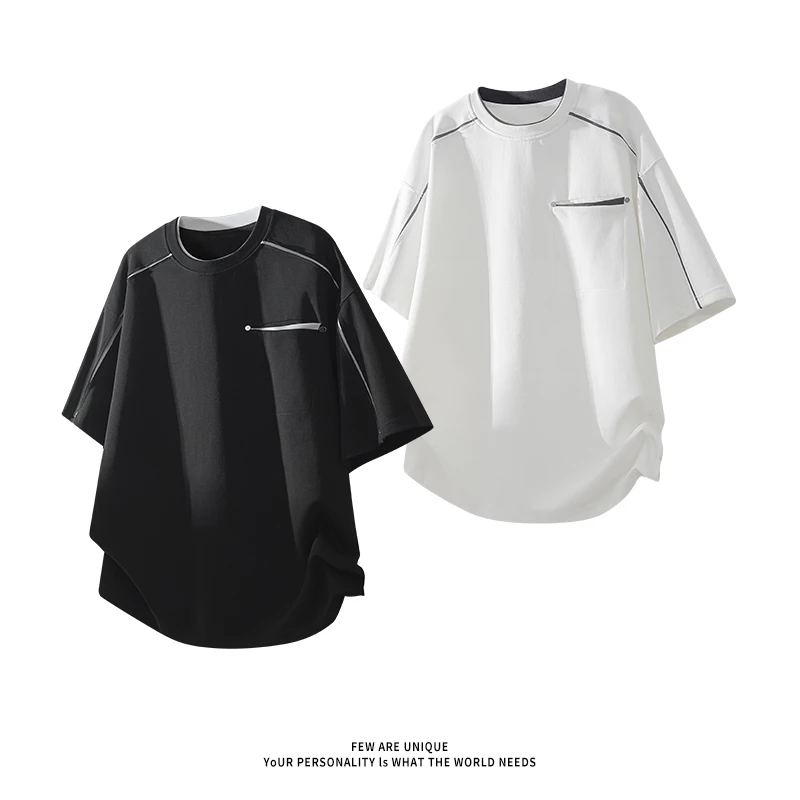 迈特优短袖男t恤宽松圆领时尚潮流拼接短袖高级感男装百搭简约