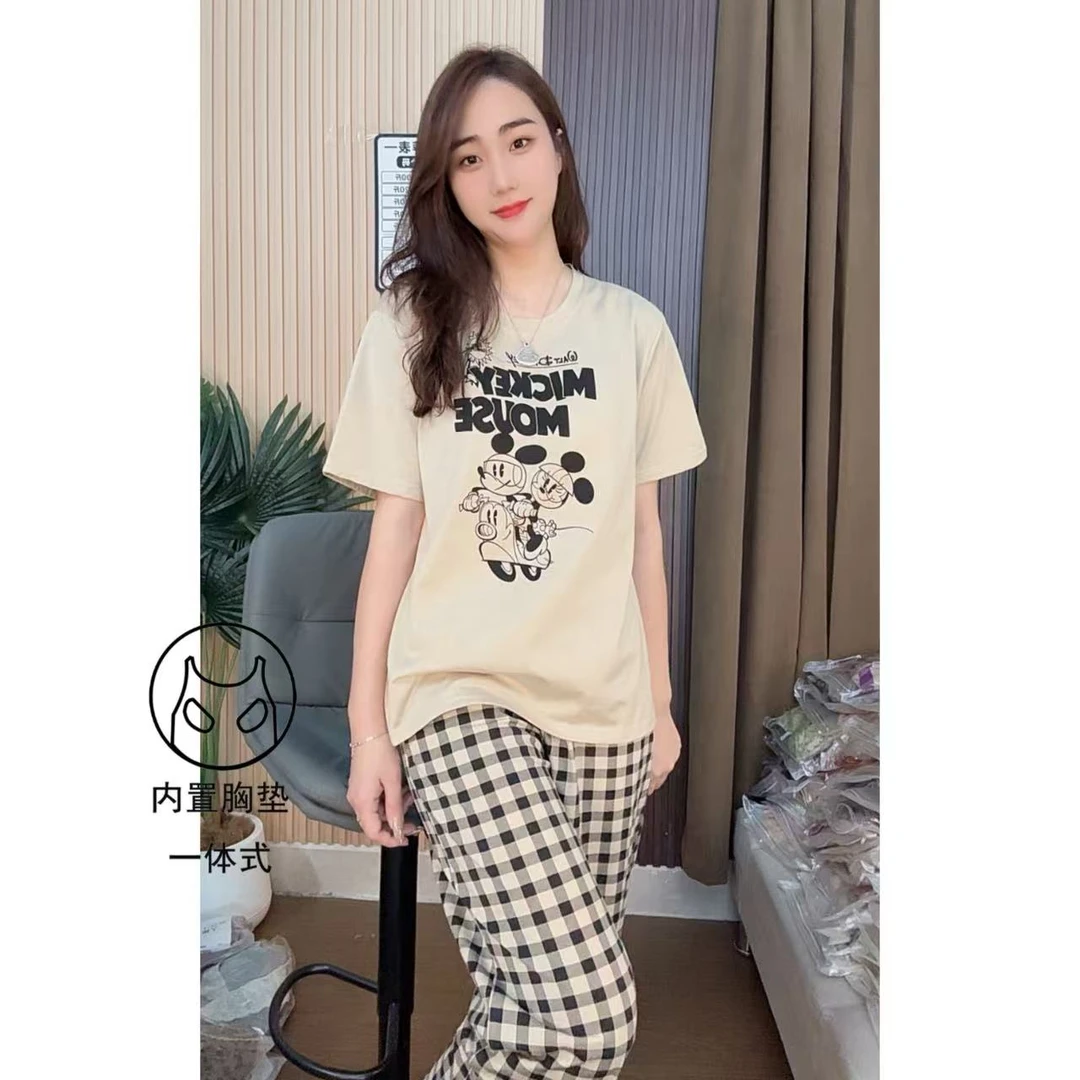 胸垫版睡衣女夏季纯棉短袖长裤休闲可外穿家居服套装（环游米奇）