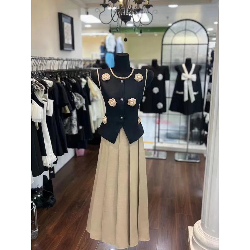 【BLB•板老板】设计感无袖马甲手工花朵设计感上衣半身裙套装88202