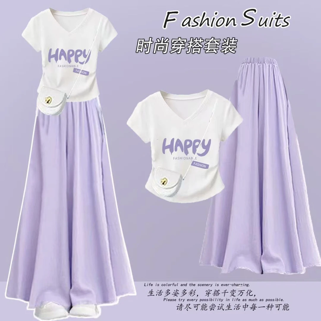 女童夏装V领T恤阔腿裤两件套2025新款中大童韩版宽松薄款运动套装