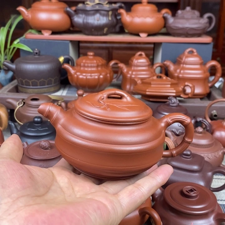 紫砂茶壶双线竹鼓260cc原矿红皮龙紫砂特价