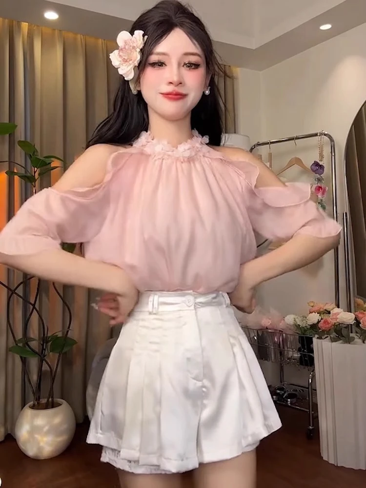 法式温柔风花朵挂脖衬衫女漏肩淑女气质时尚甜美减龄软糯风上衣夏