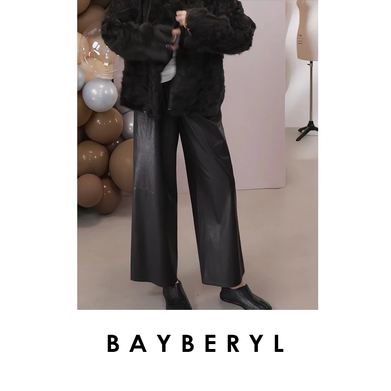 BAYBERYL老贝超薄皮裤阔腿松紧腰百搭黑时尚休闲裤XXK5H1501